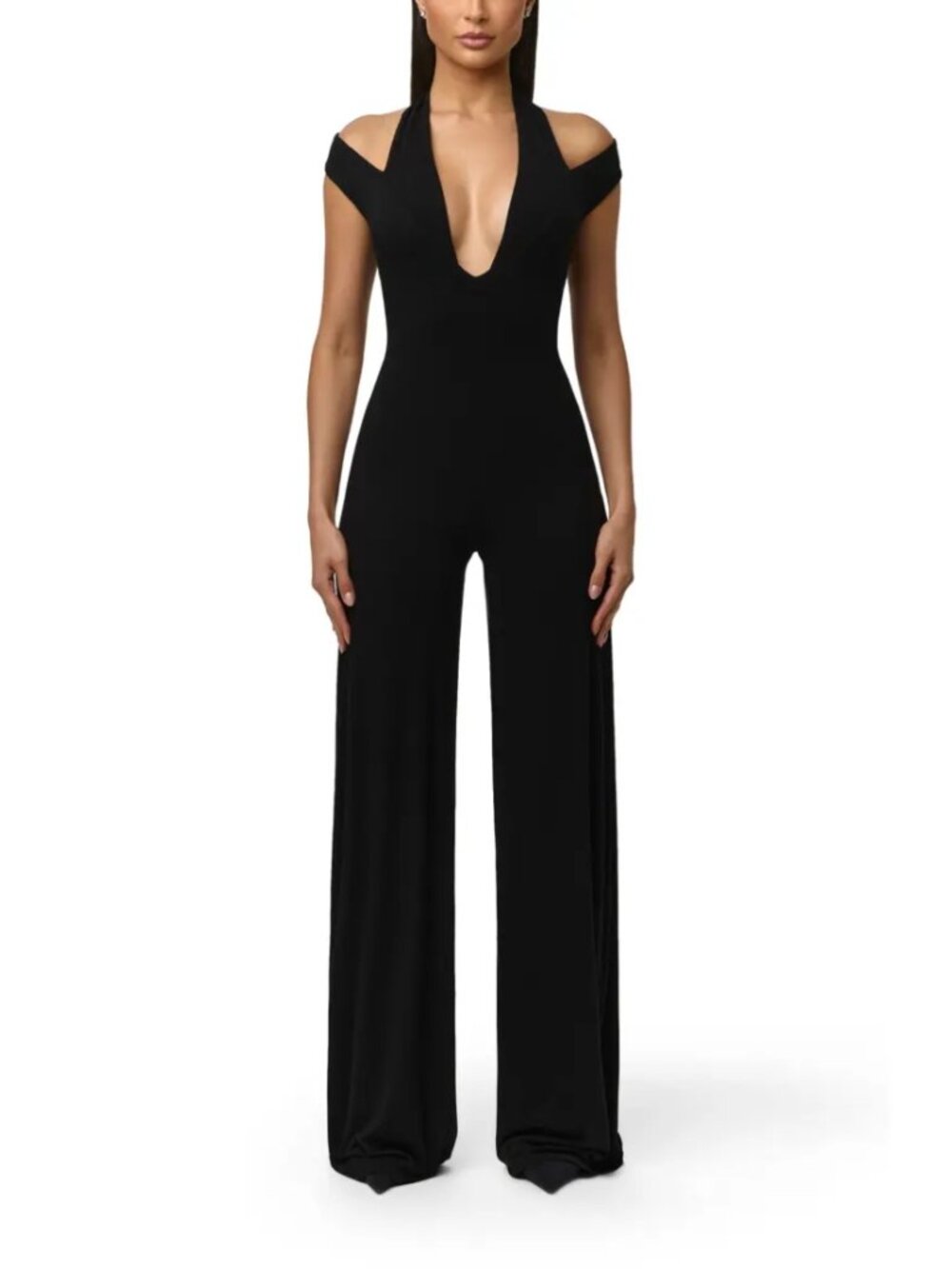 Naked Wardrobe Black Smooth Wide Leg Jumpsuit Halter Cold Shoulder Size S NWT